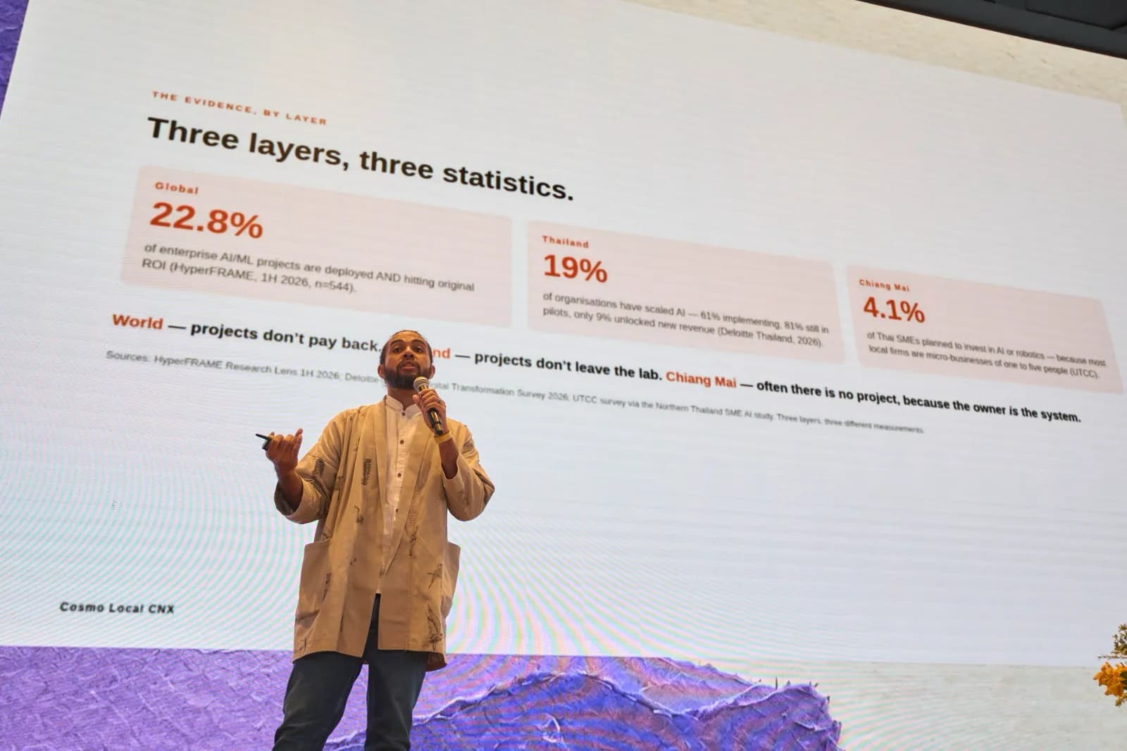Slide titled “Three layers, three statistics” during the Cosmo Local CNX keynote.